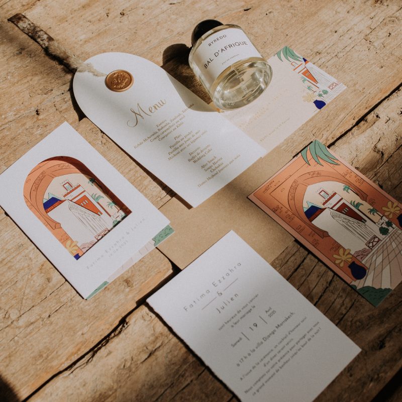 Papeterie de mariage illustrée et cachet de cire