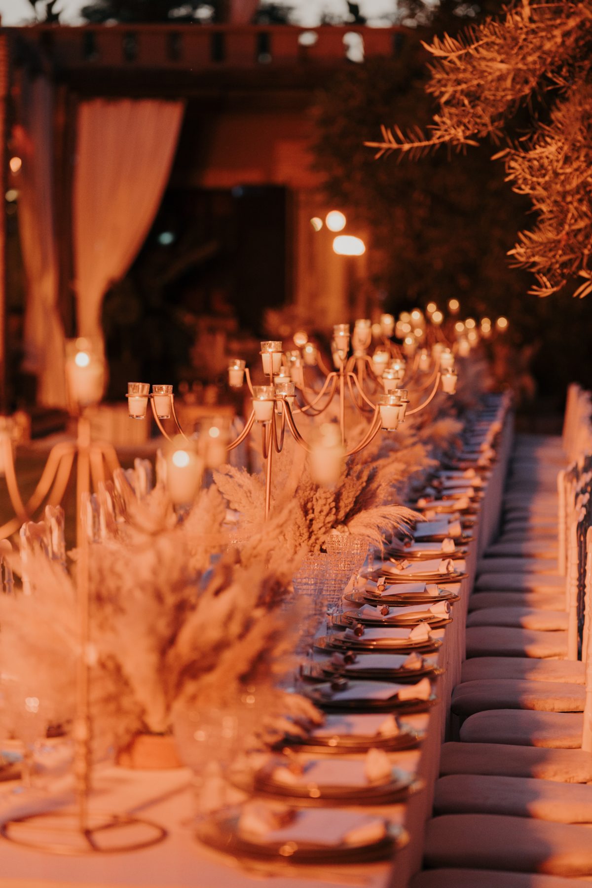 Vue de la table décorée avec des pampas le soir