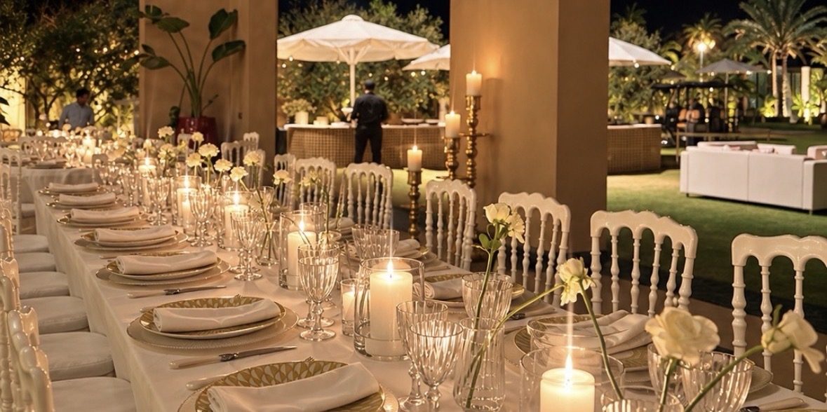 Dîner corporate aux chandelles sur une longue table en extérieur à Marrakech